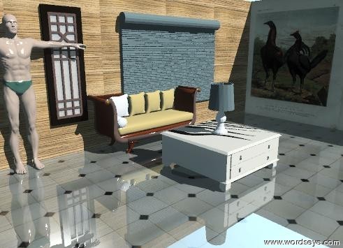 Input text: the couch is against the wood wall. the window is on the wall. the window is next to the couch. the door is 2 feet to the right of the window. the man is next to the couch. the animal wall is to the right of the wood wall. the animal wall is in front of the wood wall. the animal wall is facing left. The walls are on the huge floor.  The zebra skin coffee table is two feet in front of the couch.  The lamp is on the table.  The floor is shiny.