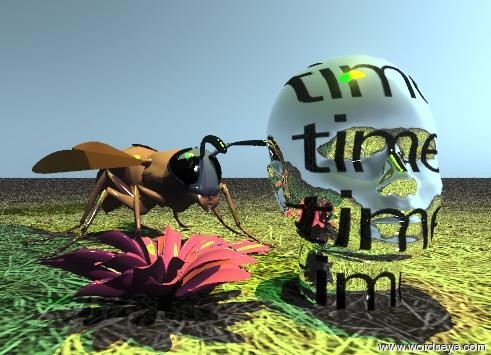 Input text: a silver head of its time is on the grass texture ground. The blossom is next to the head. the blossom is in the ground.  the green point_light is three feet above the blossom.  the yellow point_light is 3 feet above the head.  The large wasp is behind the blossom.  the wasp is facing the head.