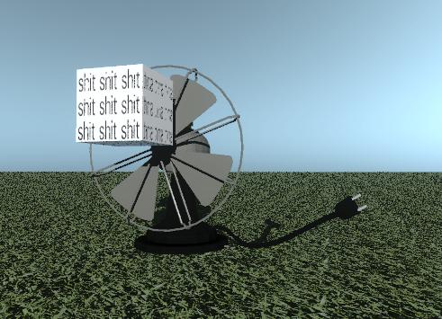 Input text: the shit is in the huge fan. the ground has a grass texture. the shit is in front of the fan.