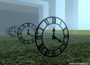 the clock is one foot in front of the silver wall.  the ground has a grass texture. the texture is one foot wide. a  silver wall is two feet in front of the clock. it is facing the clock.. a point_light is fifty feet above the clock.