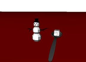 The snowman is on the red ground. There is a 1 foot tall vp17160 to the right of it. There is img-iz1679 in the spoon. The sky is white.