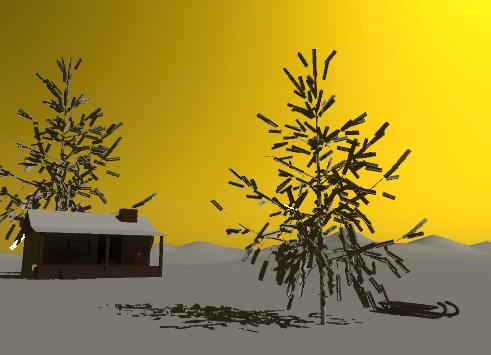 Input text: The tiny white  spruce  is on the white mountain range. the sled is five feet to the right of the spruce. the sky  is orange. the cabin is fifty feet behind the sled. the roof of the cabin is white. a white spruce is behind  the cabin.