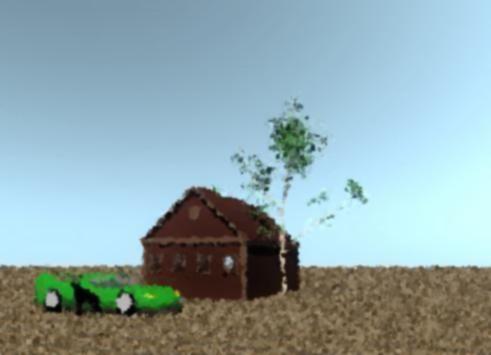 Input text: The house is next to the small tree.
The ground has a dirt texture.
The old green car  is 10 feet in front of the house.
The car is facing right.
The black dog is in front of the car.
The dog is facing left.