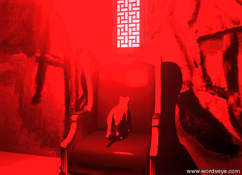 Input text: the cat is on the large chair.  the chair texture is on the wall. the wall is behind the chair.

The cat is large and beige.

The red light is 3 feet above the cat. the light is 1 foot in front of the cat.

the sun is black. the camera-light is black.

the window is on the wall. the cat is facing the window.

the wall is huge. the window is above the chair.
