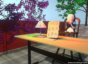the small tablet is on the piece of paper.
the paper is on the table.
The pen is two inches to the left of the paper. it is facing up.

The chair is behind the table. The ground is tile.  The small pale blue desk lamp is next to the pen.

The low wide red wall is 5 feet to the left of the table. it is facing right. the very low stone wall is behind the red wall. it is very wide.  The tree is behind the stone wall.  The  purple hedge is to the right of the red wall. it is facing right.  The huge french fetus is on the chair. 

The small red illuminator is 6 inches above the tablet. the small green illuminator is  6 inches above the lamp.