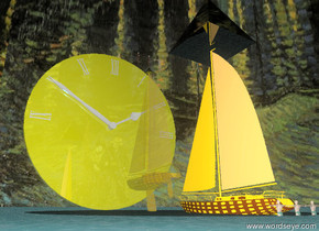 the ground is dark water. there is a large sailboat on the ground. there are 3 translucent shiny swimmers in the ground 1 foot behind the sailboat. there is an very gigantic clock 60 feet in front of the sailboat. it is on the ground. it is yellow. the sky is stars. the clock is reflective. there is a gigantic shiny black reflective pyramid 1 foot above the sailboat. the clock is facing the sailboat.  there is a bright blue illuminator 1 inch below the pyramid.  there are 2 large boats in front of the sailboat. the boats are transparent and shiny. the boats are above the ground. there is a very large shiny black pyramid above the boats. there are 3 transparent swimmers above the pyramid.