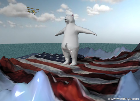 Input text: the humongous white shiny bear is on the american mountain range. the mountain range is 100 feet tall. the ground is water. the sky is partly cloudy. the airplane is 90 feet in front of the nose of the bear. the airplane is facing right.