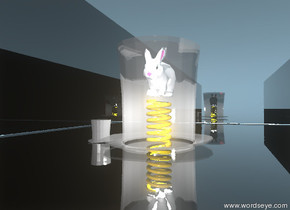 there is a giant transparent top hat. there is a large white rabbit -18 inches above the top hat. there is a very large spring -3 foot above the rabbit. there is a white illuminator -1 foot above the spring. the ground is black and reflective. there is a large black reflective wall 10 feet behind the top hat. there is a red illuminator 18 feet in front of the top hat. there is a black reflective wall 90 feet long 5 feet to the left of the top hat facing the top hat. there is a black reflective wall 80 feet long 8 feet to the right of the top hat facing the top hat.