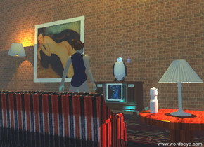 the 2.5 feet tall penguin is on the television. the television is 6 feet tall. the penguin is 20% transparent. the tiny ink blue illuminator is in the penguin.

the giant brick wall is 50 feet wide. it is behind the television. 
the huge picture is behind the penguin. it is 4 feet to the left of the penguin.

the tiny cyan illuminator is 5 feet in front of the television.

the couch is 7 feet in front of the television. it is facing the television. the couch is fabric.

the floor lamp is 12 feet to the left of the television. it is 9 feet tall. the small tangerine illuminator is in the floor lamp.

the woman is is behind the couch. the woman is facing the television. the woman is dull.

the table is 1 feet to the right of the couch. the table is wood. the cream lamp is on the table. the small apricot illuminator is in the lamp. 

the small shiny bottle is next to the lamp. it is white.

the scene-6895 picture is in front of the television. it is 1.6 feet wide. 
it is 1.7 feet above the ground. 

the ground is rug texture.

it is dark. it is hazy. 
the yellow illuminator is 13 feet above the woman.

the camera light is black.