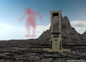 The large red steam monster is  next to the large guillotine.  The guillotine is on the stone mountain range.  The tall stone mountain is 20 feet behind the guillotine.  The ground has a stone texture.

the monster is 8 feet above the bottom of the guillotine.

It is partly cloudy.