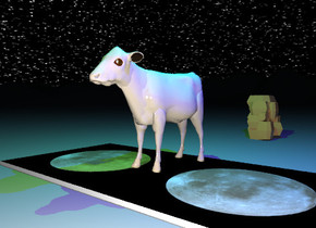 the tan cow is on the moon rug. the rug is on the very tall mountain range.  the sun is black.  

The starfield texture is on the sky.

The green illuminator is 3 feet above the cow.  The blue illuminator is 2 feet to the right of the green illuminator.

The huge reflective rock is 5 feet behind the  rug.
