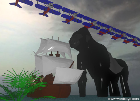 Input text: the light blue air is very smoky.

the sea is shiny.

a large ship is on the sea. 
a very large palm tree is in front of the ship.
2 very large palm trees are to the left of the ship.
the sky is very cloudy.

the humongous gorilla is to the right of the ship. it is facing the ship.

10 large biplanes are 2 feet above the gorilla.