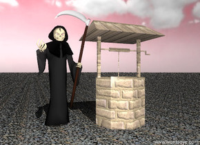 the ground is stone. the sky is chartreuse. it is partly cloudy.

the unreflective grim reaper is standing next to a well. the well is brick.