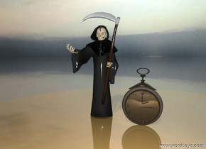 The very tiny grim reaper is next to the shiny pocket watch. the pocket watch is on the table. the table is shiny. The ground is shiny.

It is cloudy.