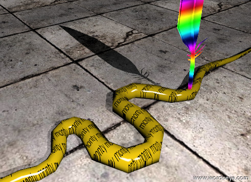 Input text: the huge rainbow plumage is on the python. the "monty" texture is on the python. the texture is 1.5 inches wide. the ground is stone.