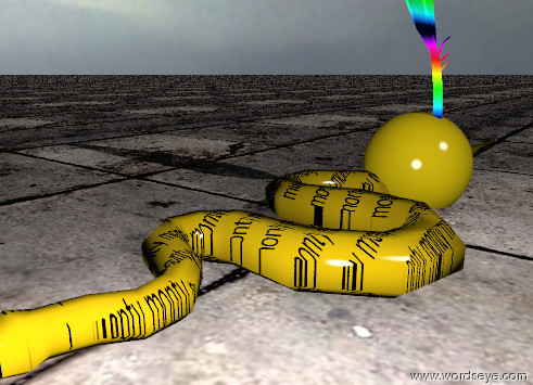 Input text: the small golden green sphere is in the python. the huge rainbow plumage is 2 inches in the sphere. the "monty" texture is on the python. the texture is 1.5 inches wide. the ground is stone. it is cloudy.