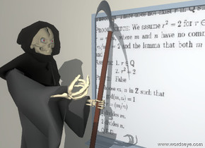 the unreflective whiteboard is on the long cream wall.
the front of the whiteboard has an image-112 texture.

the unreflective grim reaper is -18 inches to the left of the whiteboard. the grim reaper is facing right.
the ground is tile.