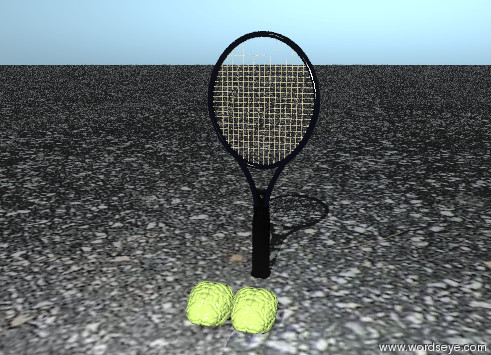 Input text: a tennis racket is nine inches behind two small yellow green brains.
the ground is asphalt.