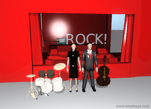 Input text: There is a drum. There is a 4 foot tall man 2 feet in front of the stage. The small drum is to the left of the 4 foot tall woman. There is a guitar on the stage. There is the 4 foot tall woman next to the man. There is a "ROCK!" on top of the stage. The small vp12529 is to the right of the man. The stage is red.