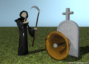 death is next to the huge bell. the bell is facing down. death is facing the bell.
the big gravestone is two feet behind the bell.
the ground is grassy.
it is evening.