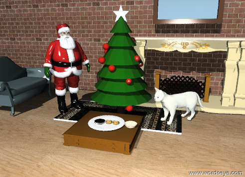 Input text: The Santa Claus is to the left of the christmas tree.  The christmas tree is on a  rug.  The rug is on a wooden floor. There is a large plate in front of the christmas tree. The plate is on top of a low table. There are 3 large  cookies on the plate. A bowl  is to the right of the plate. The Santa Claus is facing the plate. A large beige cat is to the right of the christmas tree.   The large cat is facing the plate.  A sofa is 1 foot  to the left of the Santa Claus.  The sofa is facing the Santa Claus.     A 35 foot long wall is 3 feet behind the christmas tree.  The wall is matte.  The wall is 12 feet high. The wall is brick.   The wall contains a fireplace behind the cat. The fireplace is 5 feet high. A mirror is 1 foot above the fireplace.  The mirror is 5 feet wide.