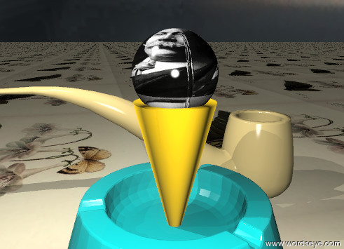 Input text: the orange cone is in the very large ashtray. the orange cone is upside down. the small pink sphere is -1 inches above the cone. the image-271 texture is on the sphere. the image is 12 inches wide. the giant pipe is next to the cone. the pipe is facing left. it is cloudy. the flower texture is on the ground. the flower texture is 4 feet wide. the tiny light is in front of the ashtray. the light is 2 foot above the ground.