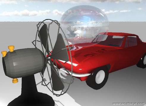 Input text: the large fan. the tiny car is to the left of the fan. the car is facing the fan. the fan is facing the car. the small talk balloon is above the HOOD of the car. the talk balloon is facing back. the tiny "Shit" is inside the talk balloon. the sky is partly cloudy.