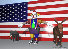 the american wall. The clown is 1 foot in front of the wall. the donkey is to the right of the clown. the tiny elephant is to the left of the clown.