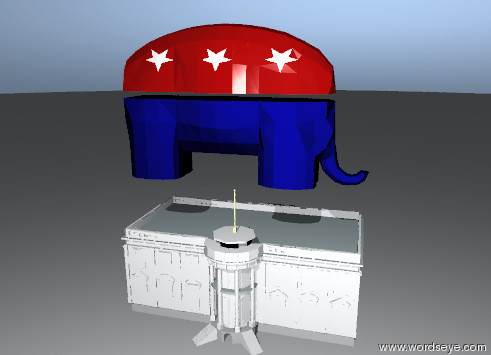 Input text: the enormous republican elephant emblem is on the white house.