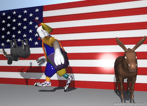 the american wall. The clown is 1 foot in front of the wall. the clown is facing left. the clown is running.  the donkey is 3 feet to the right of the clown. the tiny leaning elephant is to the left of the clown. the tiny elephant is facing left. the tiny elephant is 2 feet above the ground.