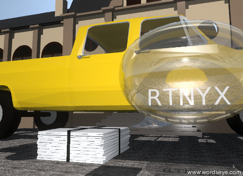 Input text: the talk balloon is above the newspaper. the talk balloon is to the right of the newspaper. the tiny "RTNYX" is in the talk balloon. the tiny "RTNYX" is 2 foot above the ground. the truck is behind the newspaper. the truck is facing right. the building is behind the truck. the stone ground.