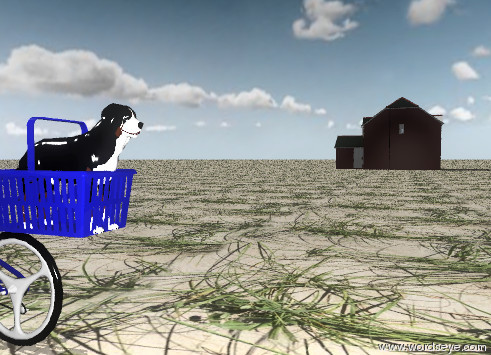 Input text: the basket is -1 foot behind the bicycle. the basket is 2 feet above the ground. the dog is inside the basket. the basket is facing right. the dog is facing back. it is partly cloudy. the ground is grass. the buildings 120 feet to the left of the bicycle. the building is 90 feet behind the bicycle.