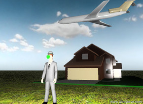 the unreflective hat is on the unreflective businessman. a  green unreflective apple is in front of the lips of the businessman. the ground is grassy. the sky is partly cloudy. the tie of the businessman is black. it is sunrise.

a house is 20 feet behind the man.  a tiny airplane is 10 feet above the house. the airplane is facing left.