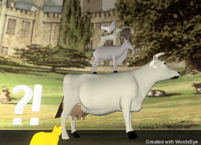 The goat is on the large cow. The dog is on the goat. The chicken is on the dog. The cat is on the ground. The animals are facing right. The cat is facing the cow. The cat is 10 feet in front of the cow. The huge grass texture is on the ground. The 7000 foot wide building texture is on the sky. The cow is ivory. The animals are unreflective. The "?!" is above the cat. The "?!" is 2 inches to the left of the cat. The cat is bright orange. The dog is ivory. It is dusk.