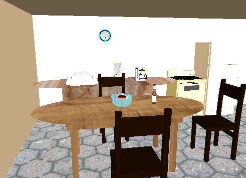 Input text: the room is tan. a refrigerator is against the back wall. the refrigerator is tan. a stove is to the left of the refrigerator.
the floor has a tile texture.
the sink is in the wide counter. the counter is three feet tall. the counter is to the left of the stove. the counter is to the right of the left wall. the counter is 3 feet thick. the sink is -25 inches above the counter. the counter has a marble texture.
the sink is white. a small coffee maker is on the counter. the coffee maker is 3 foot to the right of the sink. a blender is one foot to the left of the coffee maker.

a table is three feet in front of the counter. the table has a wood texture. the table is three feet tall.

a chair is to the right of the table. the chair is facing the table.  the chair is four feet tall. another chair is behind the table. it is four feet tall. another chair is in front of the table. it is four feet tall. it is facing the table.

a large glass bowl is on the table. an apple is in the bowl. a green apple is next to the red apple.

the bottle is one foot to the right of the bowl.

a clock is three feet above the counter. it is five feet to the right of the left wall.
