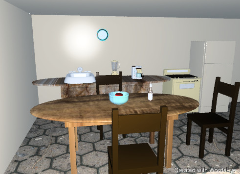 Input text: the room is tan. a refrigerator is against the back wall. the refrigerator is tan. a stove is to the left of the refrigerator.
the floor has a tile texture.
the sink is in the wide counter. the counter is three feet tall. the counter is to the left of the stove. the counter is to the right of the left wall. the counter is 3 feet thick. the sink is -25 inches above the counter. the counter has a marble texture.
the sink is white. a small coffee maker is on the counter. the coffee maker is 3 foot to the right of the sink. a blender is one foot to the left of the coffee maker.

a table is three feet in front of the counter. the table has a wood texture. the table is three feet tall.

a chair is to the right of the table. the chair is facing the table.  the chair is four feet tall. another chair is behind the table. it is four feet tall. another chair is in front of the table. it is four feet tall. it is facing the table.

a large glass bowl is on the table. an apple is in the bowl. a green apple is next to the red apple.

the bottle is one foot to the right of the bowl.

a clock is three feet above the counter. it is five feet to the right of the left wall.
