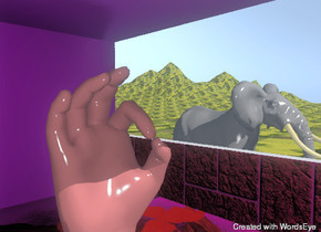 the brown hand is in the room. the hand is 8 feet tall. the right wall is 4 feet tall. the right wall is brick. The floor has a flower texture. the room is purple. the room is 12 feet tall. it is 20 feet deep. it is 15 feet wide.

The elephant is to the right of the room.
the room is on the very tall mountain range. the mountain range is grass.
