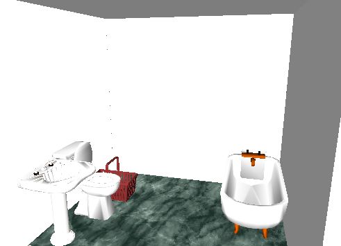 Input text: the room is transparent. the floor is marble. the room is 10 feet wide. the room is 10 feet deep. the toilet is against the left wall. the sink is left of the toilet. the bath is against the back wall. it is one inch to the left of the right wall. the brown basket is on the floor. it is four feet to the left of the bath. the ground is grass.