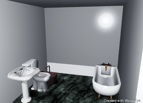 Input text: the room is transparent. the floor is marble. the room is 10 feet wide. the room is 10 feet deep.

the toilet is to the right of the left wall. the toilet is facing right.

the sink is in front of the toilet. the sink is facing right.

the bath is against the back wall. it is one inch to the left of the right wall.

the brown basket is on the floor. it is four feet to the left of the bath.

the ground is grass.



