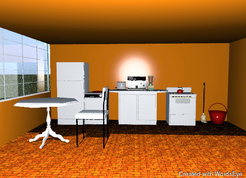 Input text: the ground is grass.

the room is orange red.
it is 16 feet deep and 20 feet wide.
the floor is brick.
the left wall is 3 feet high.

a window is above the left wall. it is 5.5 feet high and 16 feet wide. it is facing right.

the white counter is in front of the back wall.

the dishwasher is next to the counter. the refrigerator is next to the dishwasher.
the white stove is to the right of the counter. it is in front of the back wall.
a red tea kettle is six inches in the stove.
the coffee maker is on the counter. the jade green blender is to the right of the coffee maker. the big toaster is to the left of the coffee maker.

the first red plate is on the dishwasher. 

the second red plate is on the first red plate.

the third red plate is on the second red plate.

the fourth red plate is on the third red plate.

the table is three feet in front of the refrigerator. the table is three feet tall.

the white chair is to the right of the table. it  is facing the table.

a mop is one foot to the right of the stove. it is against the back wall. a red bucket is to the right of the mop.