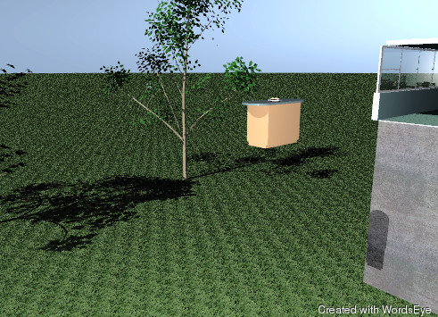 Input text: the ground is grass.
a tree is on the ground. a tree is 30 feet in front of the tree.

a humongous stone block is 50 feet to the right of the tree.

the cadet blue room is on the block. 
the floor is tile. the left wall is 3 feet high. a window is above the left wall. it is facing right. the window is 5 feet high and 20 feet wide.

a black stove is in front of the back wall.  it is 1 foot to the right of the left wall. a black counter is to the right of the stove. the counter is 10 feet wide and 3 feet high. a white sink is 1.5 feet in the counter. the sink is 2 feet wide.

a black dishwasher is to the right of the counter. a black refrigerator is to the right of the dishwasher.

a coffee maker is on the counter. it is six inches  to the right of the sink. a blender is on the counter. it is 7 inches to the left of the sink.

a red pot is on the dishwasher.

a cabinet is against the right wall. the cabinet is 5 feet in front of the back wall. a cabinet is on the cabinet.

a counter is to the right of the left wall. it is facing left. a stool is 6 inches to the right of the counter. it is 8 feet in front of the back wall. a stool is in front of the stool.

a plate is on the counter. a sandwich is on the plate.

a table is on the floor.

a tomato chair is six inches behind the table.

a tomato chair is six inches to the right of the table. it is facing left.

a tomato chair is six inches to the left of the table. it is facing right.

a tomato chair is in front of the table. it is facing north.

a clock is 3 feet above the black counter. it is 0.5 inches in front of the back wall.