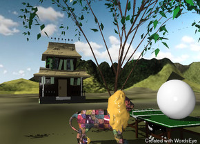 There is a table under a small willow tree.
A lion is in front of the table. An enormous silver ball is on the table. the lion is facing the ball. it has a tile texture. 

it is cloudy.

A haunted house is 30 feet left of the tree. it is facing the tree.

the tree is on the grass mountain range.

the mountain range is 200 feet tall.

the ground has a water texture.

A dog is under the table.