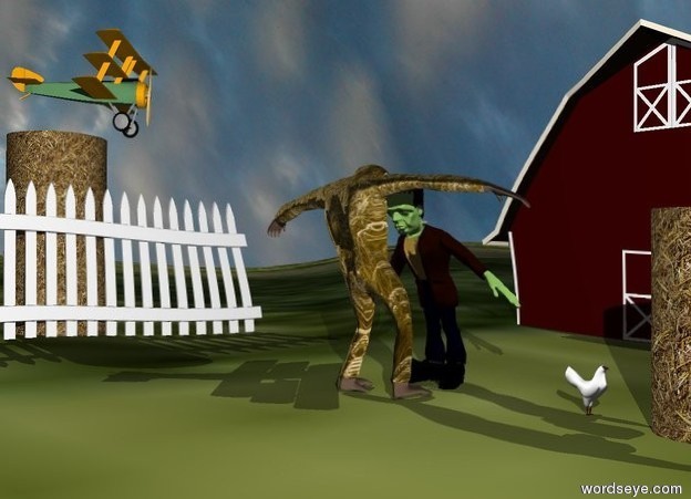 Input text: the [grass] ape is in front of the tiny person. the ape is facing the person. the tiny chicken is to the right of the ape. the chicken is facing right. the tiny barn is 5 feet behind the person. it is cloudy. the grass ground. the white fence is 5 feet to the left of the barn. the fence is facing right. the very tiny plane is 1 foot above the fence. the plane is facing the barn.
the large straw cylinder is 6 inches to the right of the chicken. the huge straw cylinder is next to the fence.