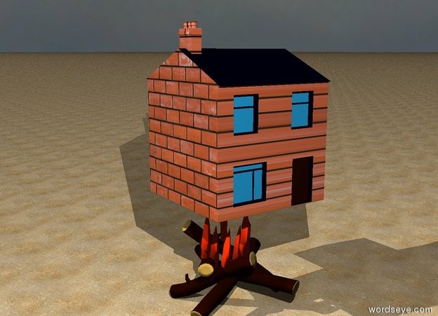 Input text: the very  tiny [brick] house is above the fire.  it is cloudy. the ground is sand.