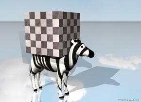 the huge checkerboard cube is on the zebra. the ground is shiny. it is cloudy.  