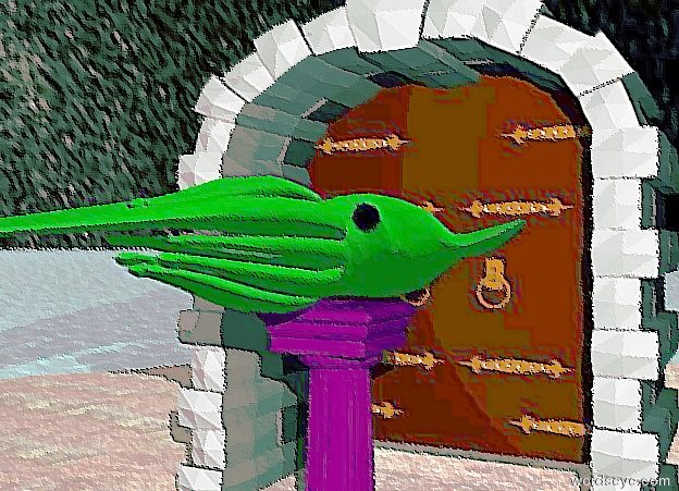 Input text: the big portal is on the stone island. the ground is water. the sky has a starfield texture. the purple pedestal is in front of the portal. the humongous green squid is on the pedestal.