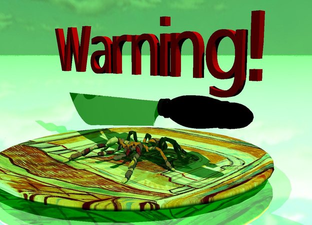 Input text: the spider is on the plate.
 it is cloudy. the spider has a klee texture. the knife is above the spider. the ground is reflective. the plate has a van gogh texture.

The red "Warning!" is above the knife. The "Warning!" is 12 inches wide.

the ambient light is green.

