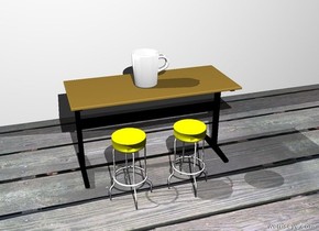the white mug is on the table. the white wall is 3 feet behind the table. the mug is facing left. the mug is 1 foot tall. the ground is wood. the first yellow stool is in front of the table. the first yellow stool is 2 feet tall. the second yellow stool is in front of the table. the second yellow stool is .5 feet to the left of the first yellow stool. the second yellow stool is 2 feet tall. 