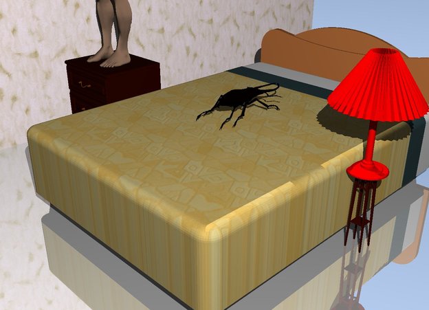 Input text: the enormous bug is on the marble bed. 
the ground is shiny. the marble wall is 3 feet to the left of the bed. it is facing right. the small table is to the right of the bed. the red lamp is on the table.

the dresser is to the right of the wall. a man is on the dresser.


