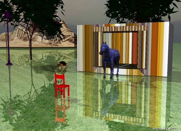 Input text: The [texture] horse is in front of the Klee stage .
The sky is cloudy .
The ground is shiny . The ground has a green grass texture.
The large purple street lamp is 25 feet to the left of the stage .
A huge turtle is six feet to the left of the stage. A tree is in back of the street lamp. The large [texture] mountain is 100 feet in back of the tree. The mountain is 59 feet to the left of the turtle. A tree is in back of the stage. A red chair is 20 feet in front of the stage. The chair is facing the stage.  A bird is on the stage. The bird is ten feet to the left of the horse.